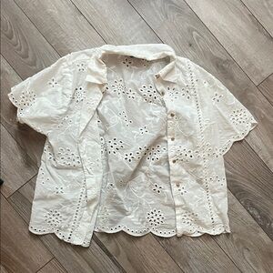 Eyelet Button-Front Short Sleeve Top - White